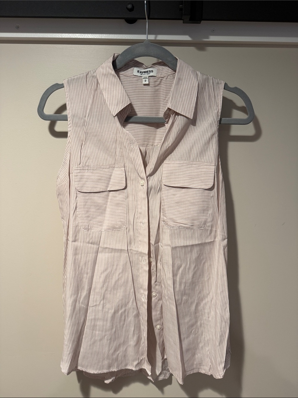Express Sleeveless Light Pink Striped Button-Down Top